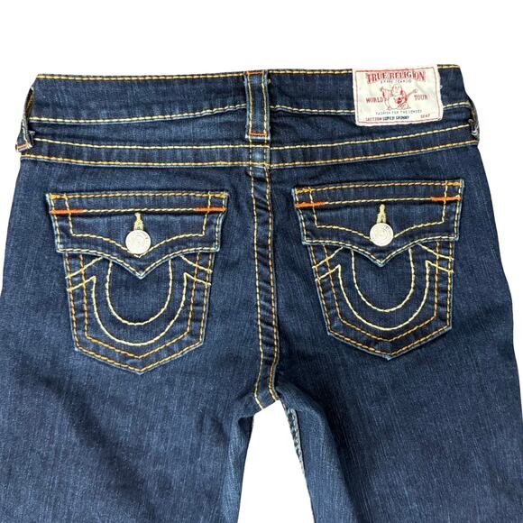 True Religion Dark Blue Low Rise Flap Big T Skinny Jeans Size 27 Contrast Stitch - Picture 9 of 10